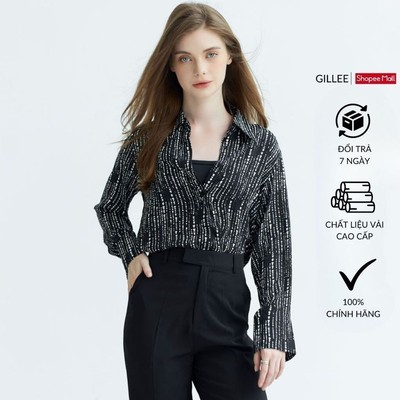 Áo sơ mi hoạ tiết nữ GILLEE sơ mi form rộng tay dài loe vải lụa cát hoạ tiết chấm loang thấm hút, chống nhăn FAS284