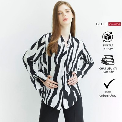 Áo sơ mi nữ hoạ tiết GILLEE sơ mi form rộng tay dài loe vải lụa cát chống nhăn, thấm hút FAS285