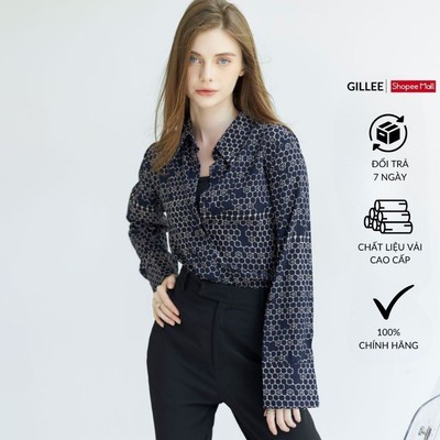 Áo sơ mi nữ GILLEE sơ mi form rộng tay dài loe vải lụa cát hoạ tiết hình lục giác chống nhăn, thấm hút tốt FAS283
