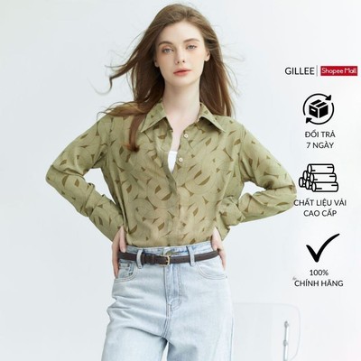 Áo sơ mi nữ hoạ tiết GILLEE sơ mi form rộng tay dài loe vải lụa cát chống nhăn, thấm hút FAS287