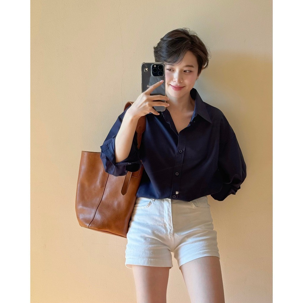 Áo sơ mi nữ GILLEE sơ mi xanh đen dáng oversized, sơ mi form rộng cao cấp thoáng khí thấm hút tốt FAS291. | BigBuy360 - bigbuy360.vn