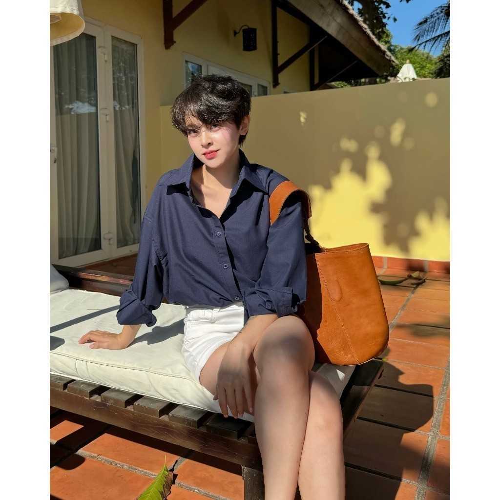 Áo sơ mi nữ GILLEE sơ mi xanh đen dáng oversized, sơ mi form rộng cao cấp thoáng khí thấm hút tốt FAS291. | BigBuy360 - bigbuy360.vn