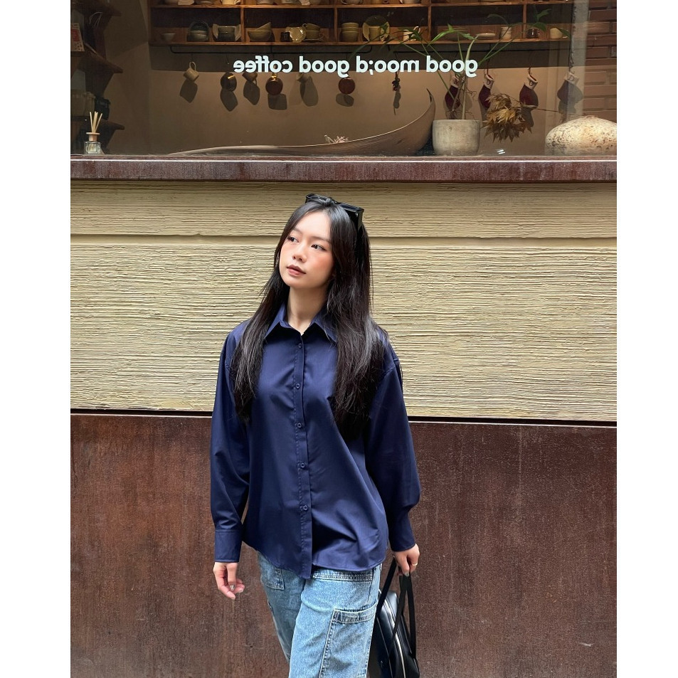 Áo sơ mi nữ GILLEE sơ mi xanh đen dáng oversized, sơ mi form rộng cao cấp thoáng khí thấm hút tốt FAS291. | BigBuy360 - bigbuy360.vn