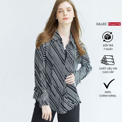 Áo sơ mi nữ GILLEE sơ mi form rộng tay dài loe vải lụa cát hoạ tiết sọc chéo cao cấp, chống nhăn FAS280