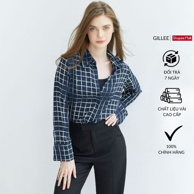 Áo sơ mi nữ GILLEE sơ mi form rộng tay dài loe vải lụa hoạ tiết caro chống nhăn, thấm hút FAS268