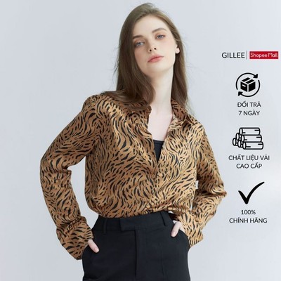 Áo sơ mi nữ GILLEE sơ mi form vừa người chất lụa hoạ tiết nâu sang trọng cao cấp FAS302