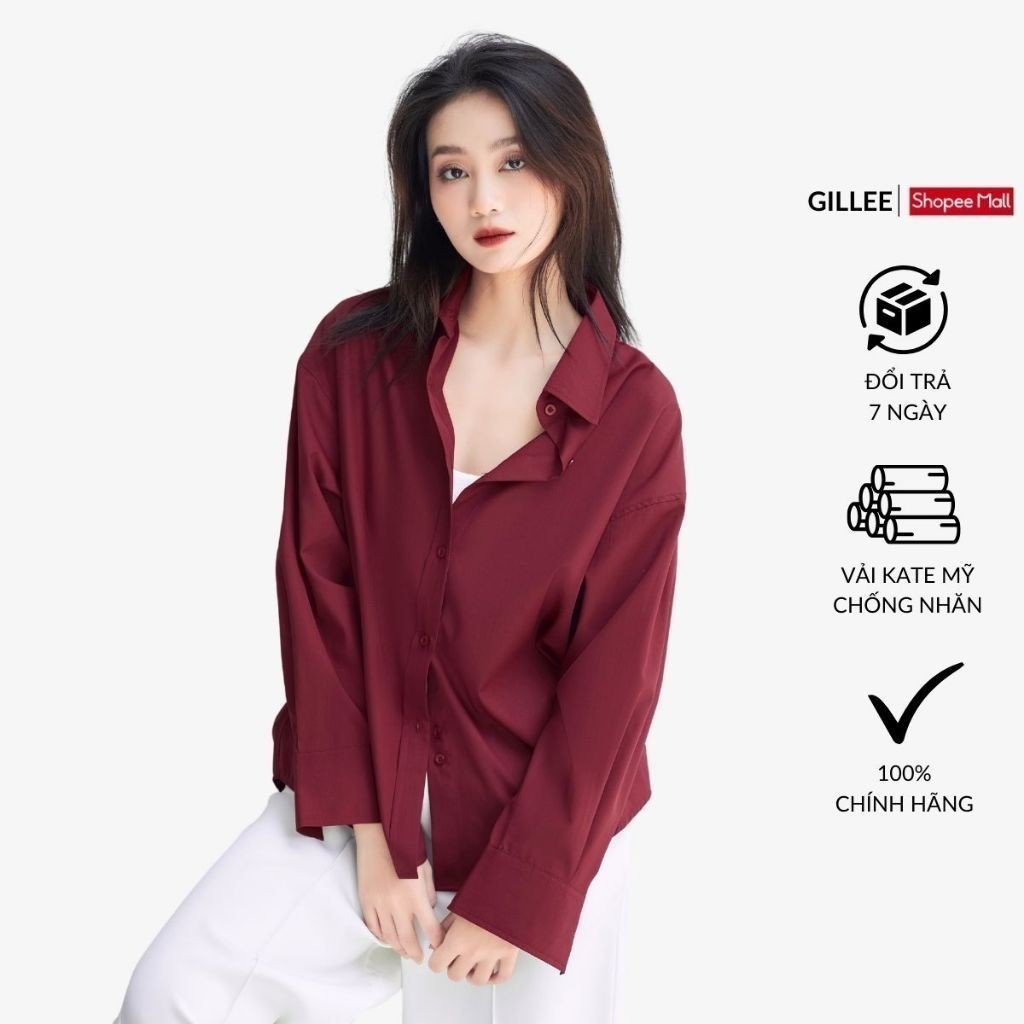 Áo sơ mi nữ GILLEE dáng oversized, sơ mi form rộng vải kate Mỹ Đỏ Đô FAS291