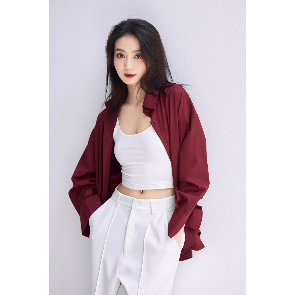 Áo sơ mi nữ GILLEE dáng oversized, sơ mi form rộng vải kate Mỹ Đỏ Đô FAS291 | BigBuy360 - bigbuy360.vn