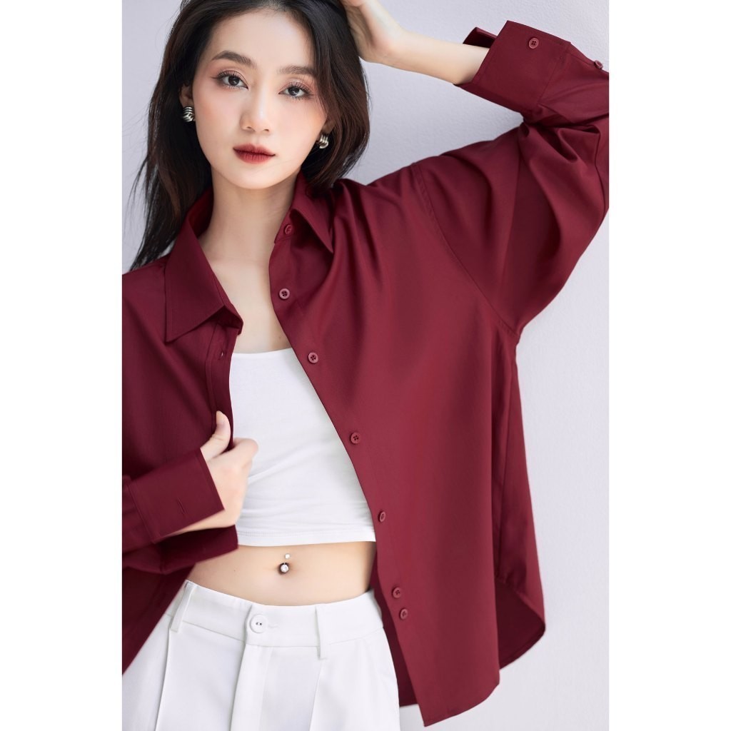 Áo sơ mi nữ GILLEE dáng oversized, sơ mi form rộng vải kate Mỹ Đỏ Đô FAS291 | BigBuy360 - bigbuy360.vn
