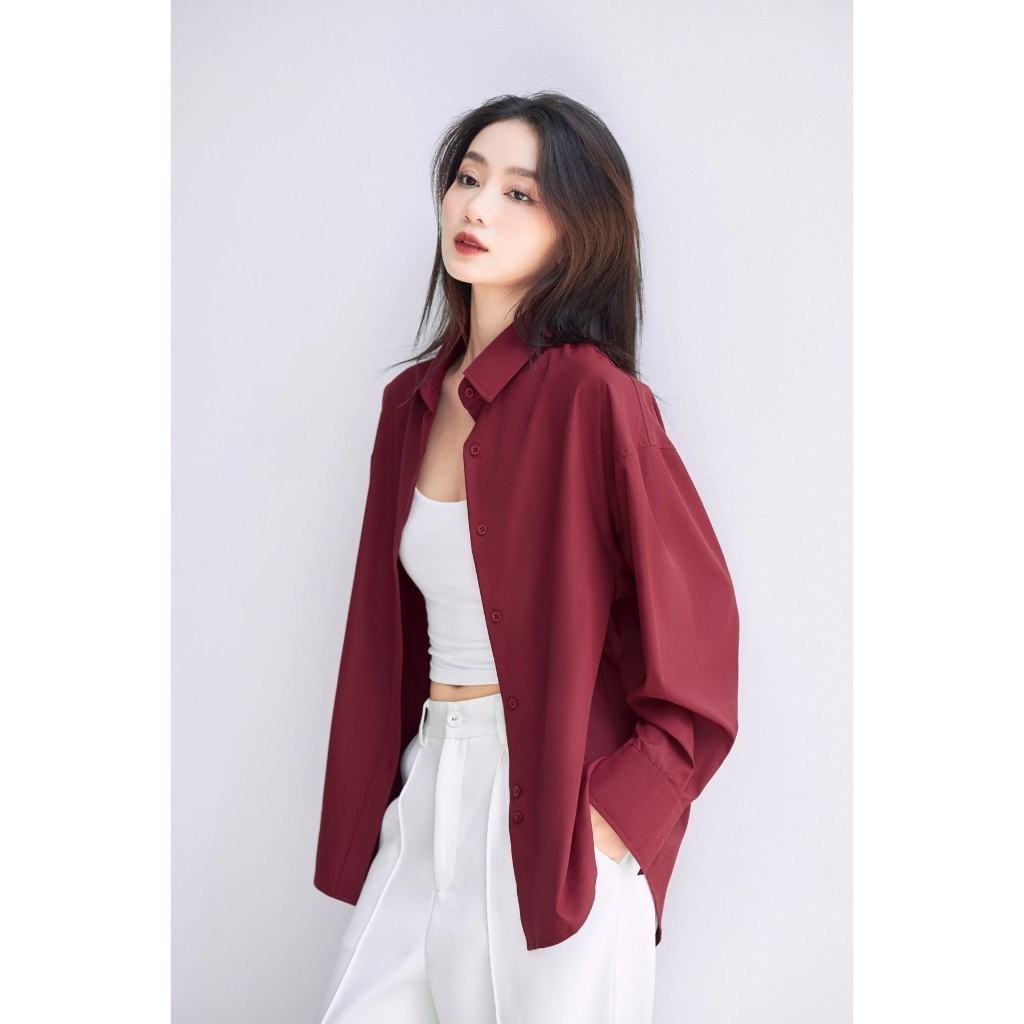 Áo sơ mi nữ GILLEE dáng oversized, sơ mi form rộng vải kate Mỹ Đỏ Đô FAS291 | BigBuy360 - bigbuy360.vn