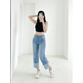 Quần Jean Ống Rộng Nữ GILLEE Cạp Cao Co Giãn Gấu Gấp Ngược YQJ021