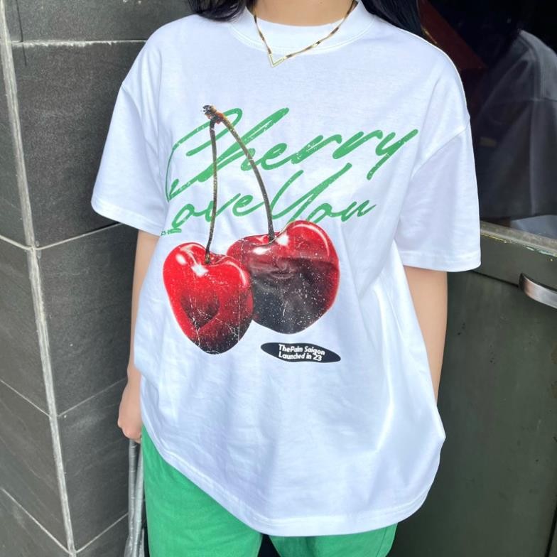 Áo Thun Trắng "Cherry" FORM UNISEX CHẤT COTTON THOÁNG MÁT, THẤM HÚT MỒ HÔI UT