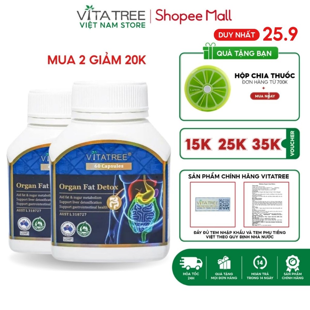 Combo 2 hộp Vitatree Organ Fat Detox hỗ trợ giảm cân thanh lọc cơ thể và ngăn ngừa tích tụ mô mỡ hộp 60 viên
