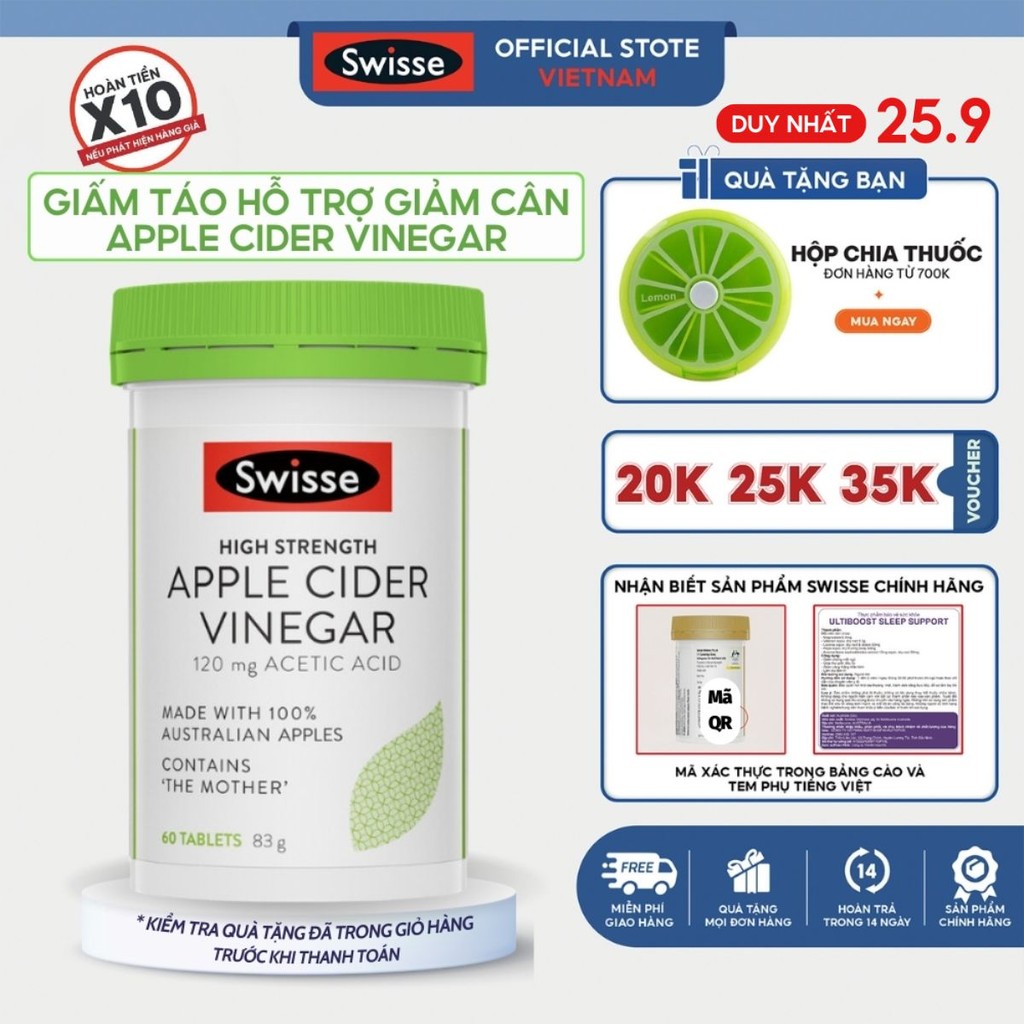 Giấm táo hỗ trợ giảm cân Swisse Apple Cider Vinegar 60 Viên đốt cháy mỡ thừa nhanh chóng hiệu quả cho vóc dáng thon gọn