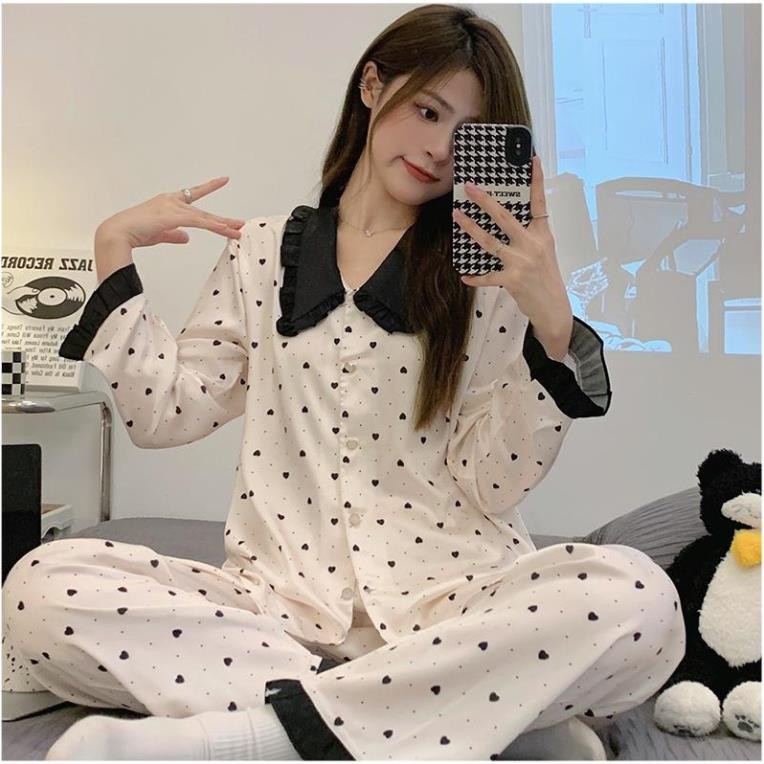 Set Đồ Ngủ Nữ Dài Tay Cute, Vải Lụa Băng Cao Cấp Mềm Mịn PIMA39, Bộ Đồ Ngủ Quần Dài Nữ Tính