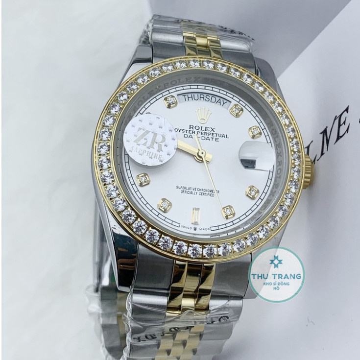 Đồng hồ nam Rolex- đồng hồ cơ Automatic Rolex classic mặt trắng viền đá dây demi 2 lịch