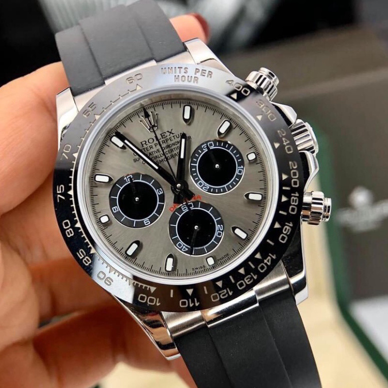 Đồng hồ Nam Rolex máy nhật-Đồng hồ cơ Automatic Rolex 3 nút KIM DẠ QUANG mặt xám dây cao su size 40 