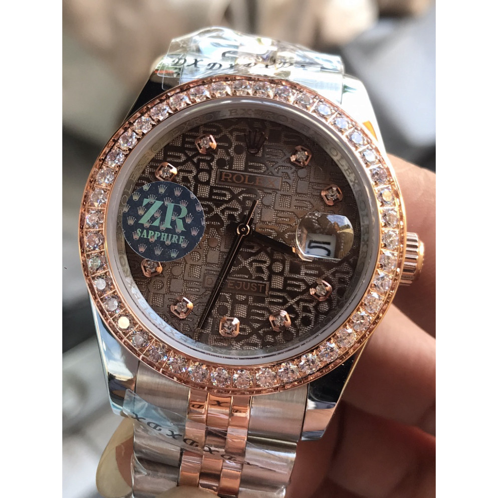 Đồng hồ nam Rolex đồng hồ cơ máy nhật mặt màu nâu cafe 3D viền đá size 41-42mm