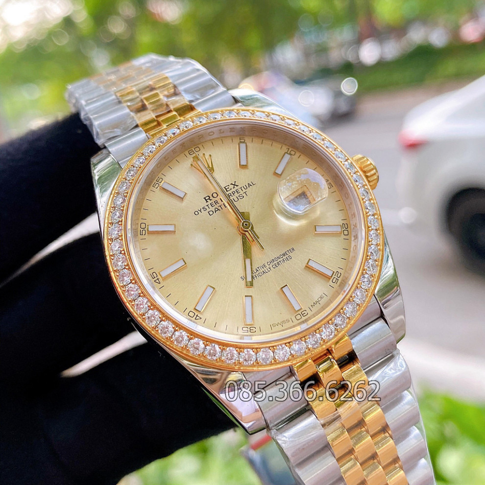 Đồng hồ nam mẫu Đồng hồ cơ Rolex cơ Automatic kiểu mặt vàng số dạ quang viền đá size 41-40mm