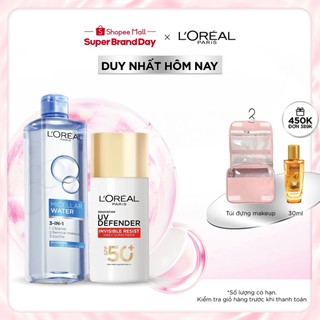 Bộ nước tẩy trang Micellar Water 400ml & Kem chống nắng x20 UV Defender Serum 50ml SPF 50++ L'Oreal Paris
