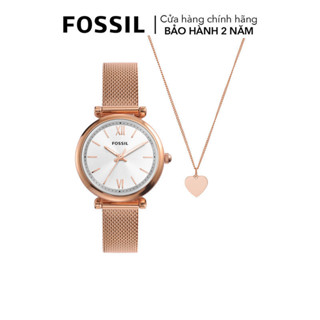 Đồng hồ nữ Fossil Carlie cùng dây chuyền trái tim, dây kim loại, mặt 28 MM, màu vàng hồng, ES5314SET