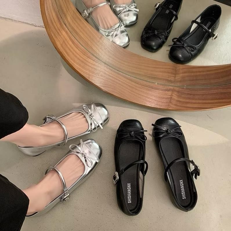 Giày Đế Bằng Nữ Đính Nơ 2024 Phong Cách Mới Mùa Hè Mũi Tròn Mary Jane Giày Nữ Da Siêu Mềm Đế Dẻo Êm Chân