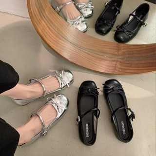 Giày Đế Bằng Nữ Đính Nơ 2024 Phong Cách Mới Mùa Hè Mũi Tròn Mary Jane Giày Nữ Da Siêu Mềm Đế Dẻo Êm Chân