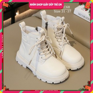 Giày bốt cho bé gái - Bốt ngắn cổ thấp trẻ em học sinh tiểu trung học màu trắng cột dây khóa khéo năng động cá tính GC68