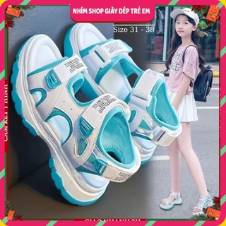  Dép sandal quai ngang cho bé gái 6 - 12 tuổi trắng xanh đi học dáng thể thao cá tính NHÍM SHOP S03 
