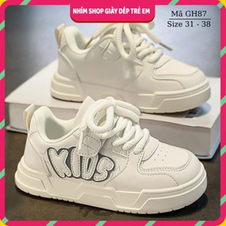 Giày thể thao trắng quai dán kèm cột dây đế dày êm chữ nổi KIDS năng động cá tính cho bé trai bé gái 5 - 12 tuổi GH87