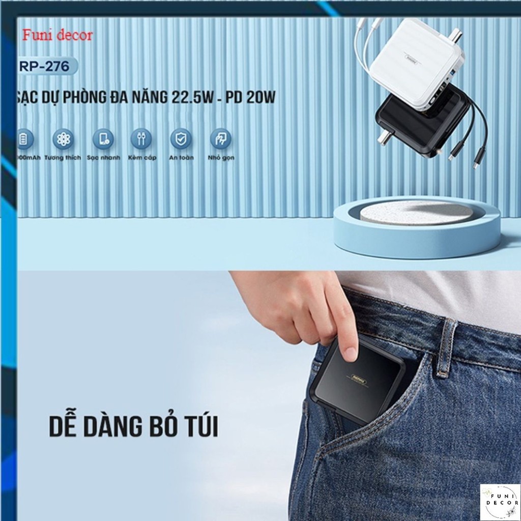 Aki shop Cốc sạc nhanh kiêm pin sạc dự phòng đa năng Remax RPP-276 15000mAh tích hợp cáp sạc type C 