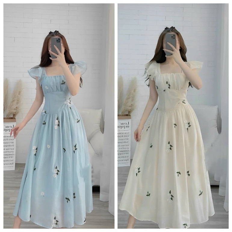 Đầm thời trang nữ mặc đi chơi chất voan hoa cao cấp 2 dây cánh tiên có mút maxi dài phù hợp mặc đi biển, đi chơi QC    S