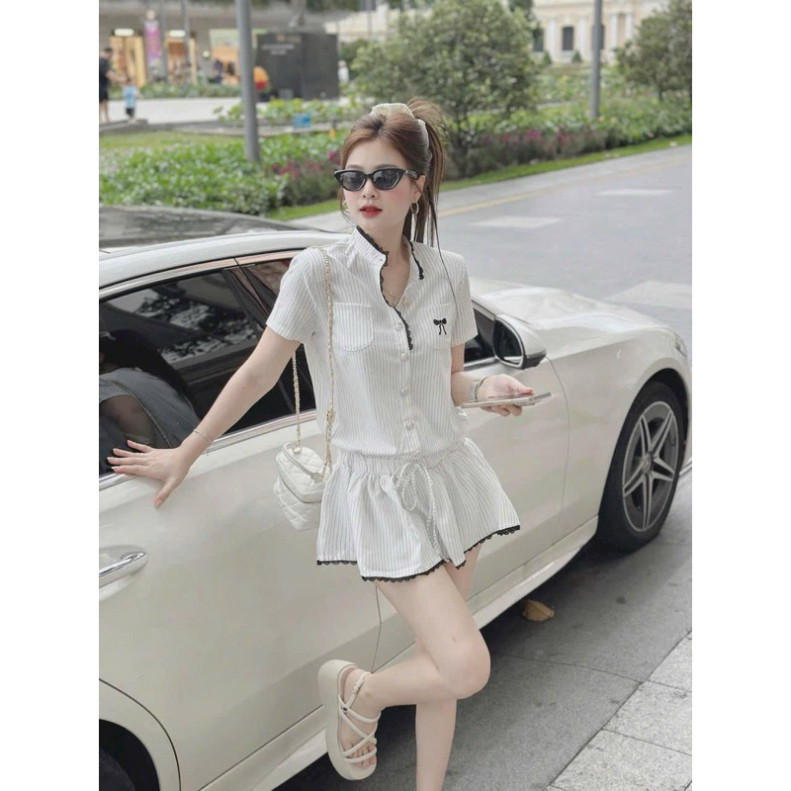 Set bộ áo sọc kẻ thêu nơ viền ren kèm quần giả váy đi chơi đi tiệc đều xinh QC🌹    SHOPBOSTORE | BigBuy360 - bigbuy360.vn