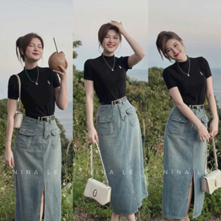  Set váy thời trang nữ áo thun tay ngắn trơn phối chân váy jean dài túi hộp lưng thun sau xẻ tà trước siêu xinh💃    SHOP 