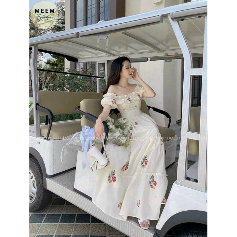 Váy hoa trễ vai viền bèo ngực dễ thương, đầm Maxi dáng dài 2 lớp dành cho các nàng đi biển, đi chơi xinh xắn mát mẻ QC🌹 | BigBuy360 - bigbuy360.vn