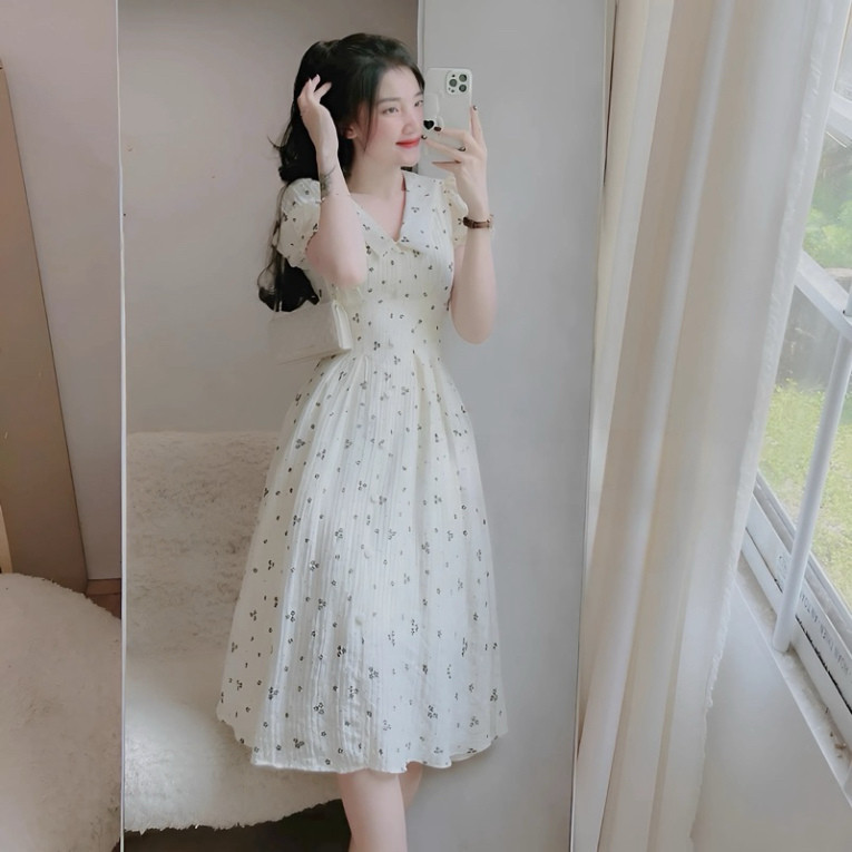 Đầm tiểu thư bồng bềnh thời trang nữ dự tiệc chất xốp hoa cổ V tay ngắn váy có lót dáng chữ A dài maãi siêu xinh QC🌹🌹  | BigBuy360 - bigbuy360.vn
