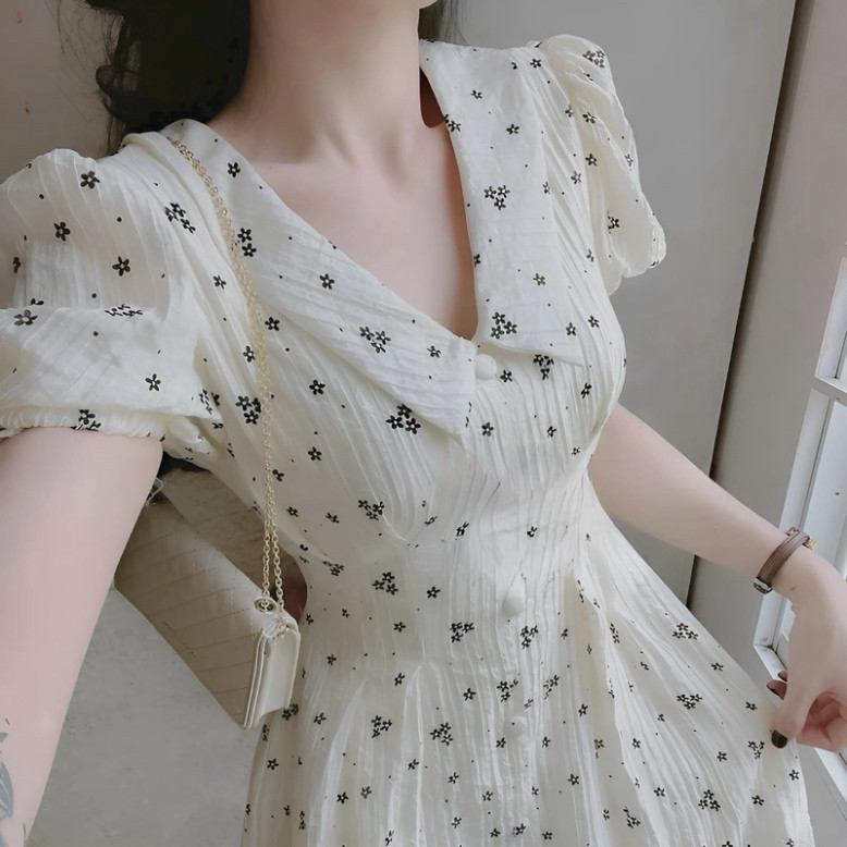 Đầm tiểu thư bồng bềnh thời trang nữ dự tiệc chất xốp hoa cổ V tay ngắn váy có lót dáng chữ A dài maãi siêu xinh QC🌹🌹  | BigBuy360 - bigbuy360.vn