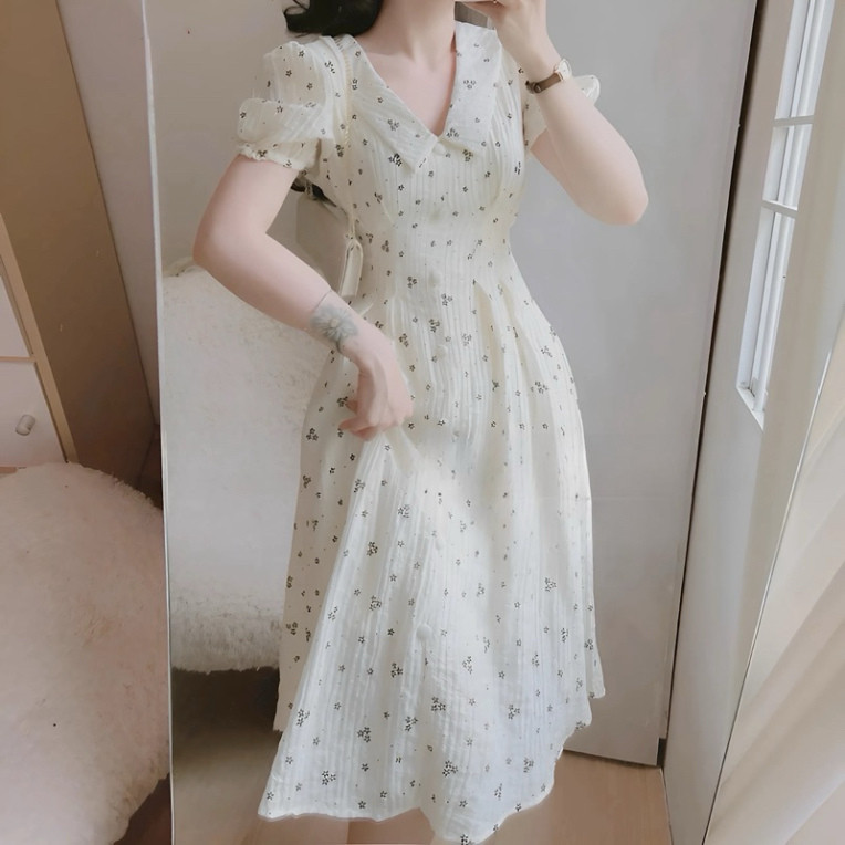 Đầm tiểu thư bồng bềnh thời trang nữ dự tiệc chất xốp hoa cổ V tay ngắn váy có lót dáng chữ A dài maãi siêu xinh QC🌹🌹  | BigBuy360 - bigbuy360.vn