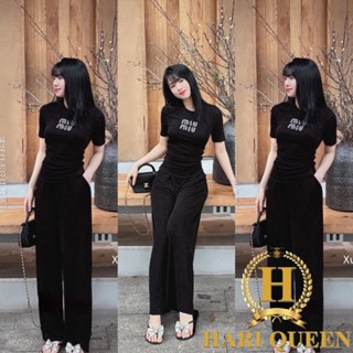 Set Áo Body Miu Nhún Eo Ngắn Tay Sang Chảnh + Quần Dài Dáng Suông Basic Tôn Dáng HARIQUEEN