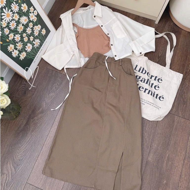 Set váy kaki - Set 3 món áo hai dây nâu kèm áo khoác trắng mix chân váy midi xẻ tà style Hàn Quốc FA