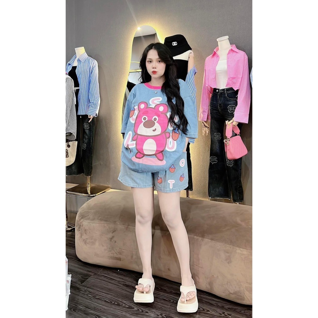 Set bộ jean - Set bộ đùi đồ nữ chất Jean/denim form rộng tay ngắn in hình cute quần đùi siêu xinh tr