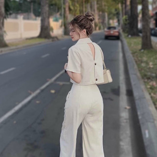 Set bộ vest nữ áo croptop tay ngắn và quần dài ống suông rộng phù hợp đi chơi dự tiệc thanh lịch