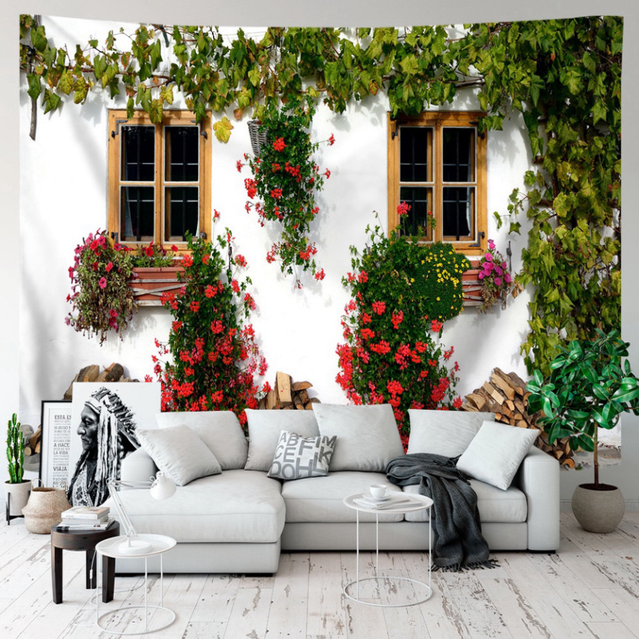 Tranh vải, Thảm Treo Tường backdrop khung cửa sổ trồng hoa trang trí phòng khách, chụp ảnh studio.