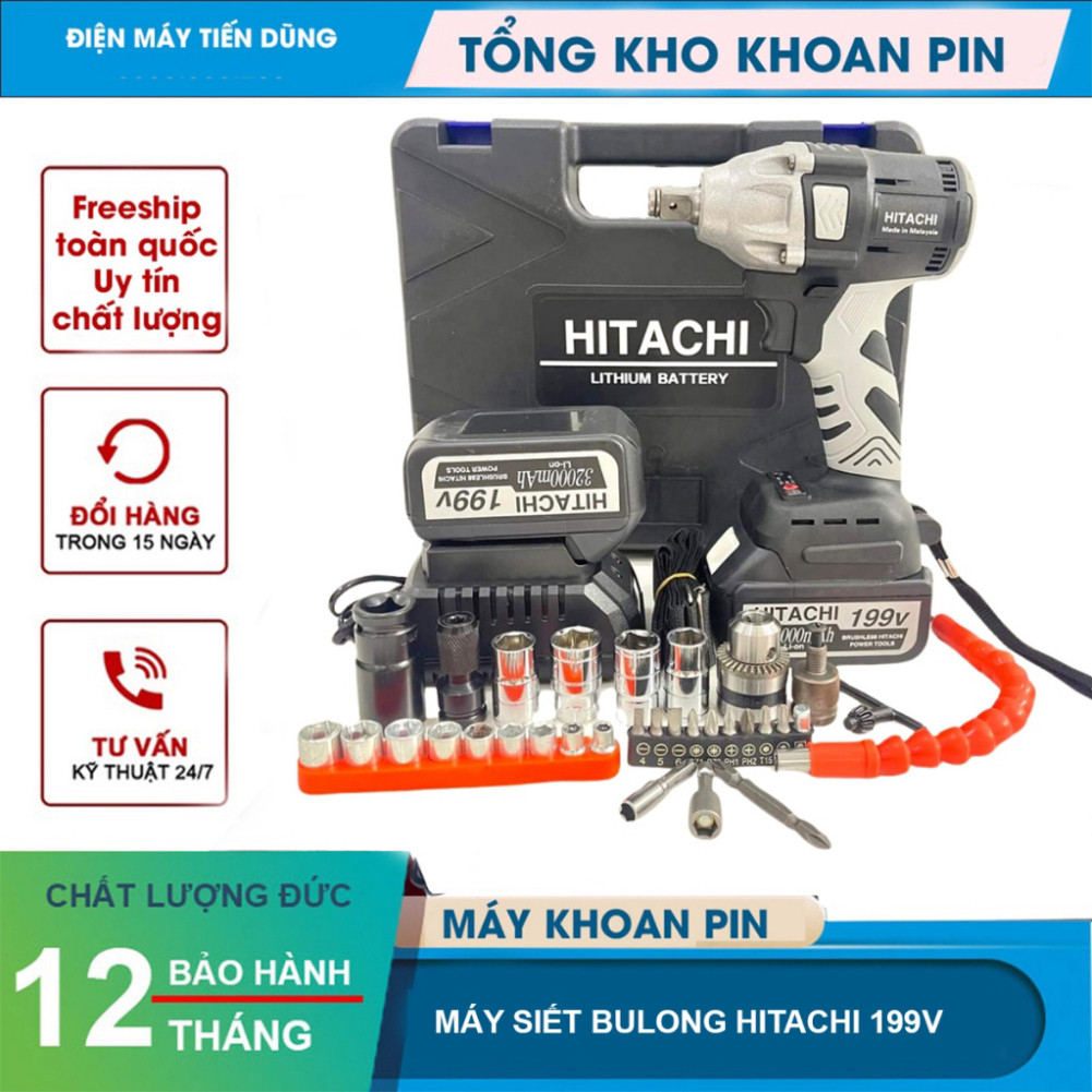 Máy Siết Bulong pin Hitachi 199v, pin 10cell động cơ không chổi than