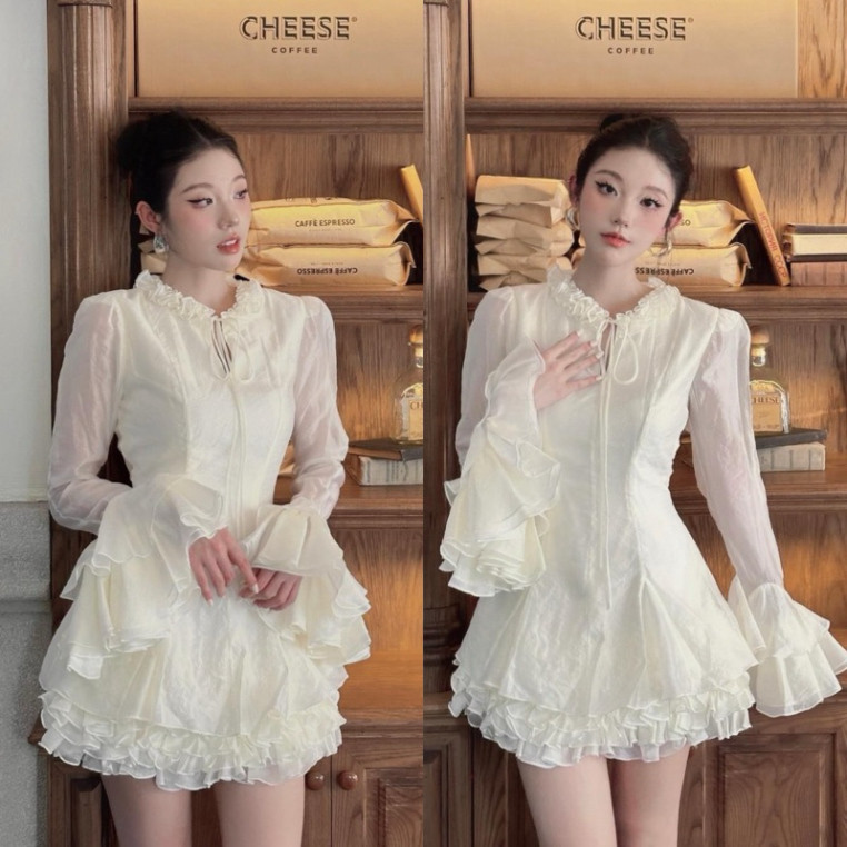 [020-Đầm Bánh Bèo Cổ Tay Bồng Pinks , Váy Tiểu Thư Bánh Bèo Thắt Dây Nhẹ Nhàng Sang Chảnh 2 Màu Kem,