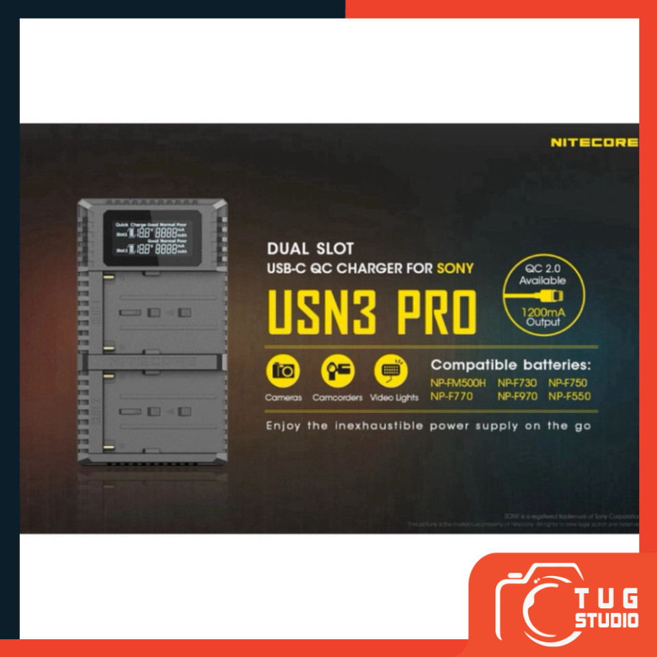 Đế sạc pin đôi qua USB C cho Sony NP-F970/NP-F550 Nitecore - USN3 PRO_TUG STUDIO