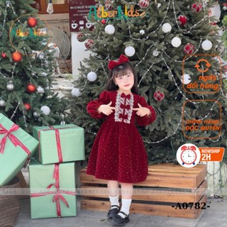 Váy bé gái dài tay ALBERKIDS đỏ nhung đính đá phối ren ngực cho trẻ em 2,3,4,5,6,7,8,9,10,11,12 tuổi A0782 