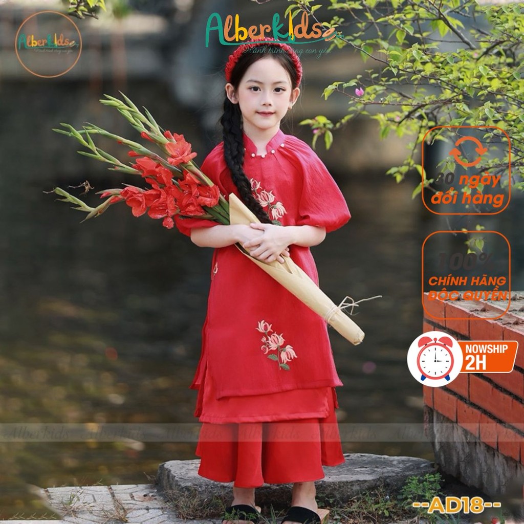 Áo dài tết cách tân cho bé gái ALBERKIDS màu đỏ thêu hoa cho trẻ em 2,3,4,5,6,7,8,9,10,11,12 tuổi AD