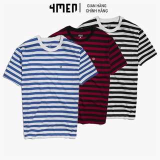 Áo Thun Nam Sọc Ngang Túi Thêu Lá 4MEN AT050 ngắn tay vải cotton thấm mồ hôi, thoáng mát, mềm mại, form suông