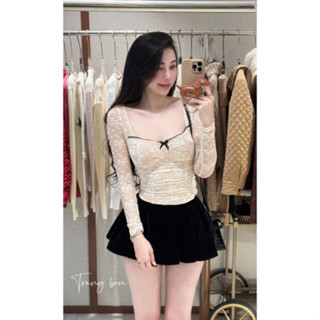  Set váy body ren dài tay cổ vuông nơ mix chân váy xinh lắm hàng có sẵn 